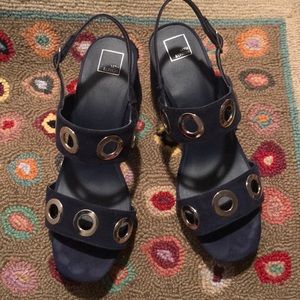 Beautiful women Navy Suede Block heel shoes Open Toe Summer 7.5 14th & Union